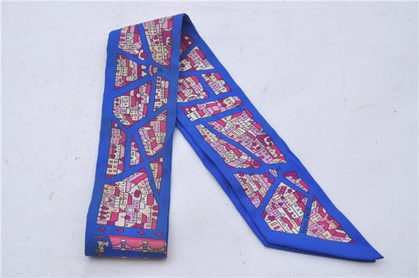 Authentic HERMES Twilly Scarf "Rive Droite Rive Gauche" Silk Blue Box 3343D