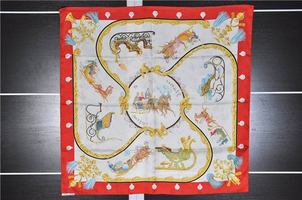 Authentic HERMES Carre 90 Scarf "Plumes et Grelots" Silk Red 3345F