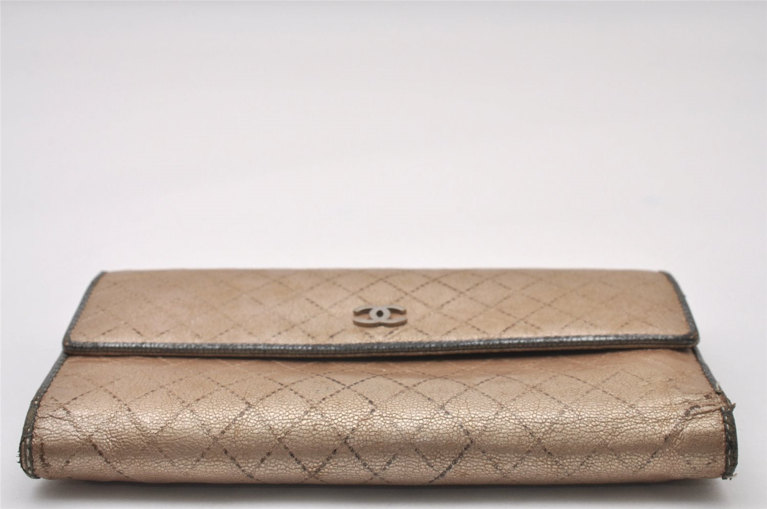 Authentic CHANEL Calf Skin Bicolore Vintage Long Wallet Purse Beige CC 3347I