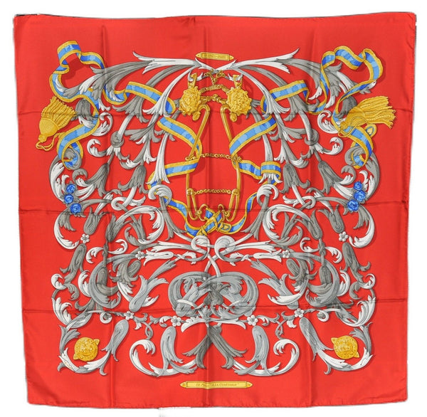 Authentic HERMES Carre 90 Scarf "LE MORS A LA CONETABLE" Silk Red 3350F