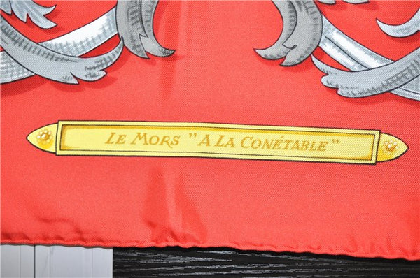 Authentic HERMES Carre 90 Scarf "LE MORS A LA CONETABLE" Silk Red 3350F