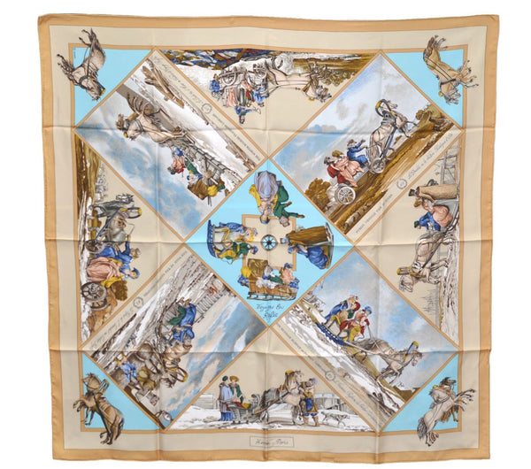 Authentic HERMES Carre 90 Scarf "Voyages en Russie" Silk Beige 3352E