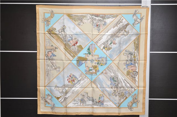 Authentic HERMES Carre 90 Scarf "Voyages en Russie" Silk Beige 3352E