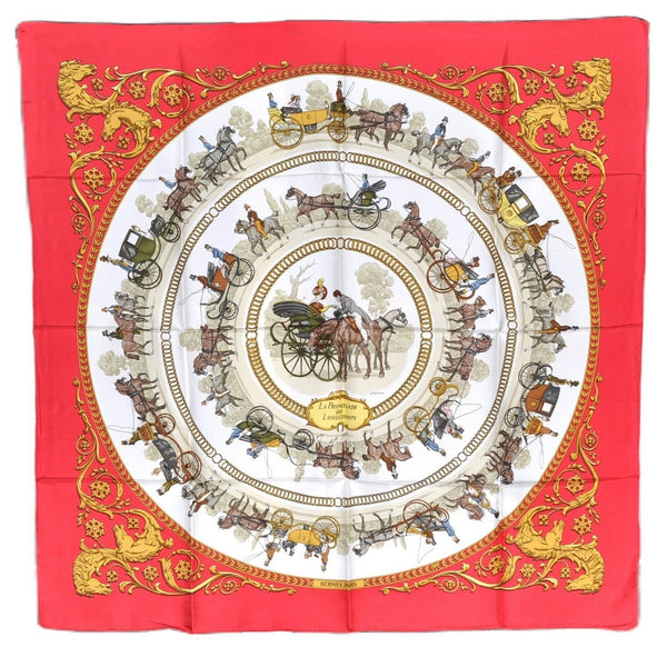 Authentic HERMES Carre 90 Scarf "LA PROMENADE DE LONGCHAMPS" Silk Red Box 3352F