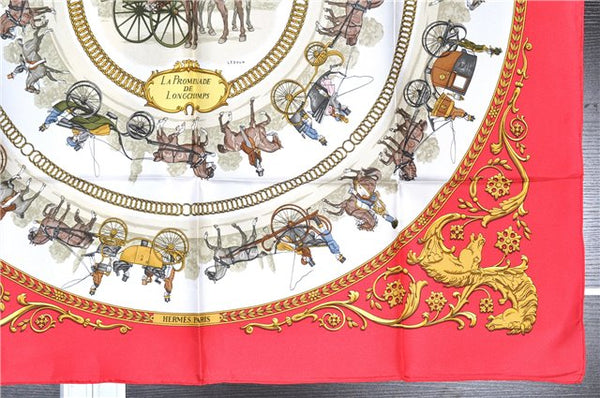 Authentic HERMES Carre 90 Scarf "LA PROMENADE DE LONGCHAMPS" Silk Red Box 3352F