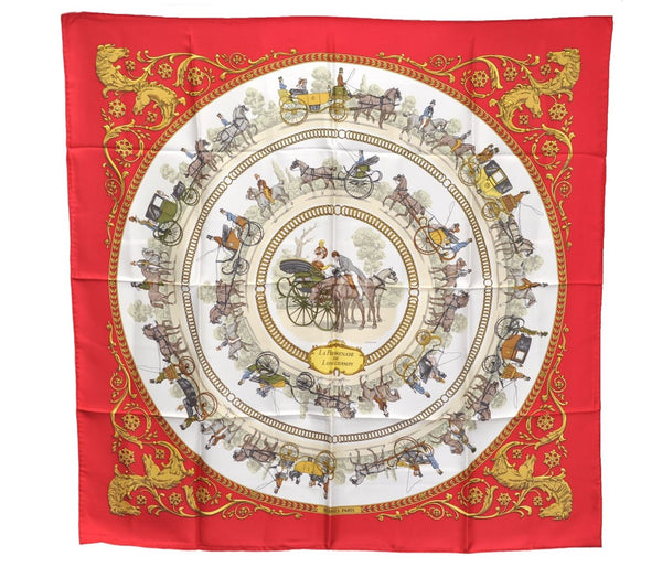 Authentic HERMES Carre 90 Scarf "LA PROMENADE DE LONGCHAMPS" Silk Red 3353E