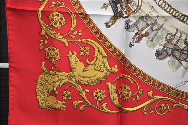 Authentic HERMES Carre 90 Scarf "LA PROMENADE DE LONGCHAMPS" Silk Red 3353E