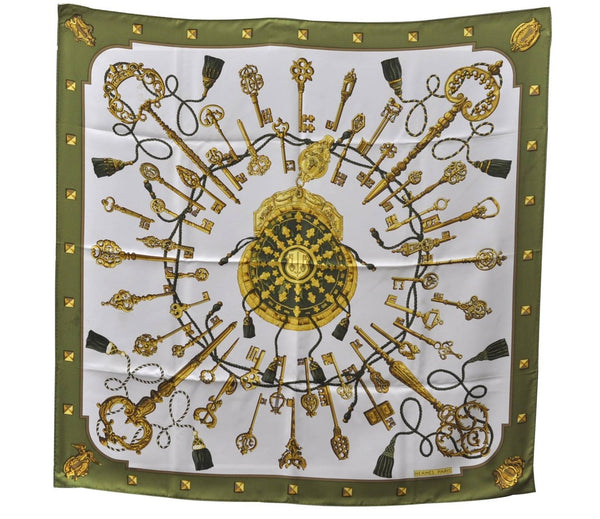 Authentic HERMES Carre 90 Scarf "LES CLES" Silk Green Box 3355D