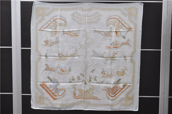 Auth HERMES Carre 90 Scarf "Traineaux et glifsades" Silk Light Blue Box 3357D