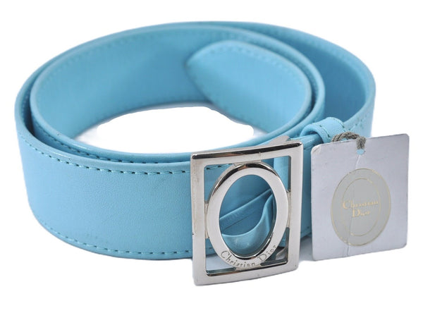 Authentic Christian Dior Belt Leather Size 70cm 27.6inches Light Blue CD 3359F