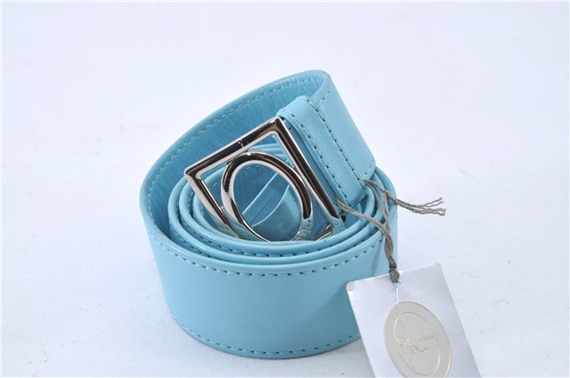 Authentic Christian Dior Belt Leather Size 70cm 27.6inches Light Blue CD 3359F