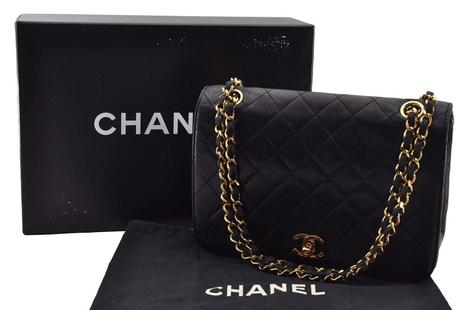 Authentic CHANEL Calf Skin Matelasse Chain Shoulder Bag Purse Black CC Box 3364I