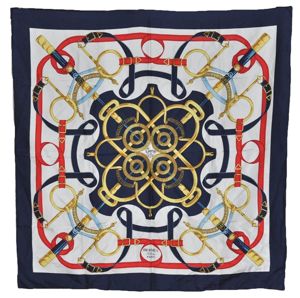 Authentic HERMES Carre 90 Scarf "Eperon d’or" Silk Navy 3370F