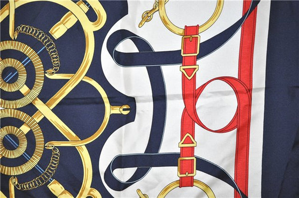 Authentic HERMES Carre 90 Scarf "Eperon d’or" Silk Navy 3370F