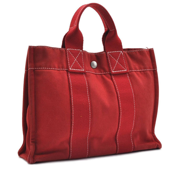 Authentic HERMES Deauville PM Hand Tote Bag Canvas Red 3373C