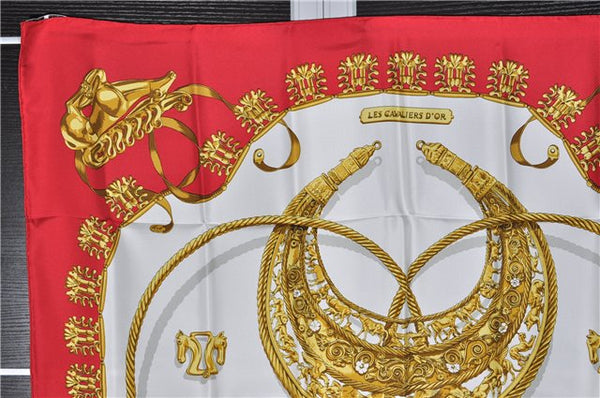 Authentic HERMES Carre 90 Scarf "LES CAVALIERES D'OR" Silk Red 3376F