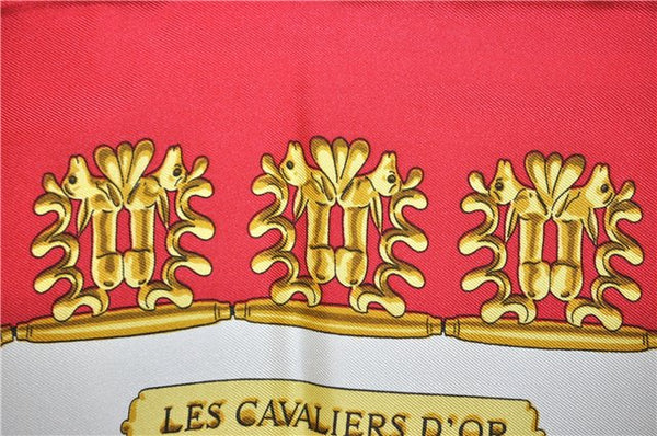 Authentic HERMES Carre 90 Scarf "LES CAVALIERES D'OR" Silk Red 3376F