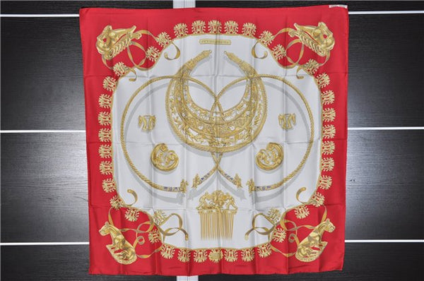 Authentic HERMES Carre 90 Scarf "LES CAVALIERES D'OR" Silk Red 3376F