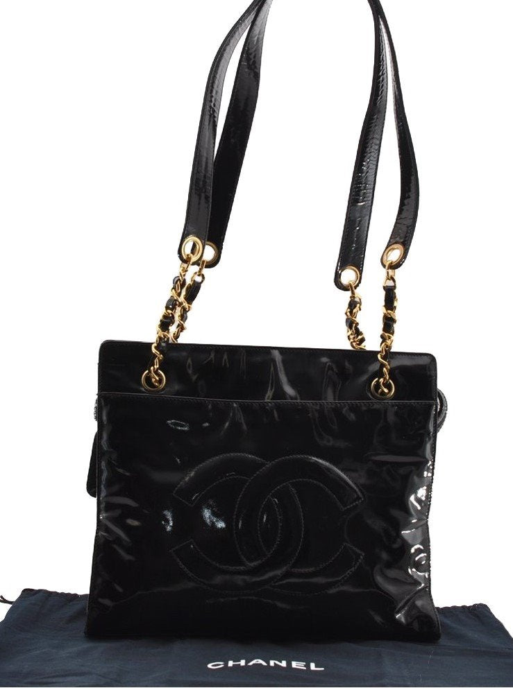 Authentic CHANEL Vintage Enamel CC Logo Chain Shoulder Tote Bag Black 3380I