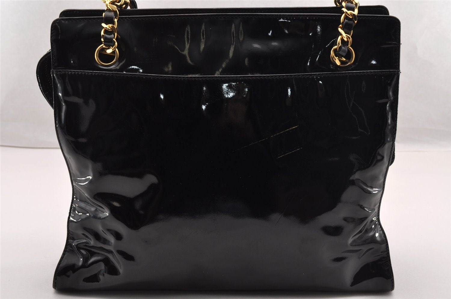 Authentic CHANEL Vintage Enamel CC Logo Chain Shoulder Tote Bag Black 3380I