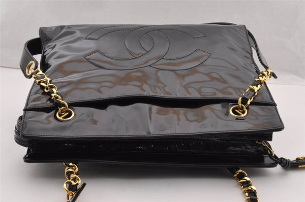Authentic CHANEL Vintage Enamel CC Logo Chain Shoulder Tote Bag Black 3380I