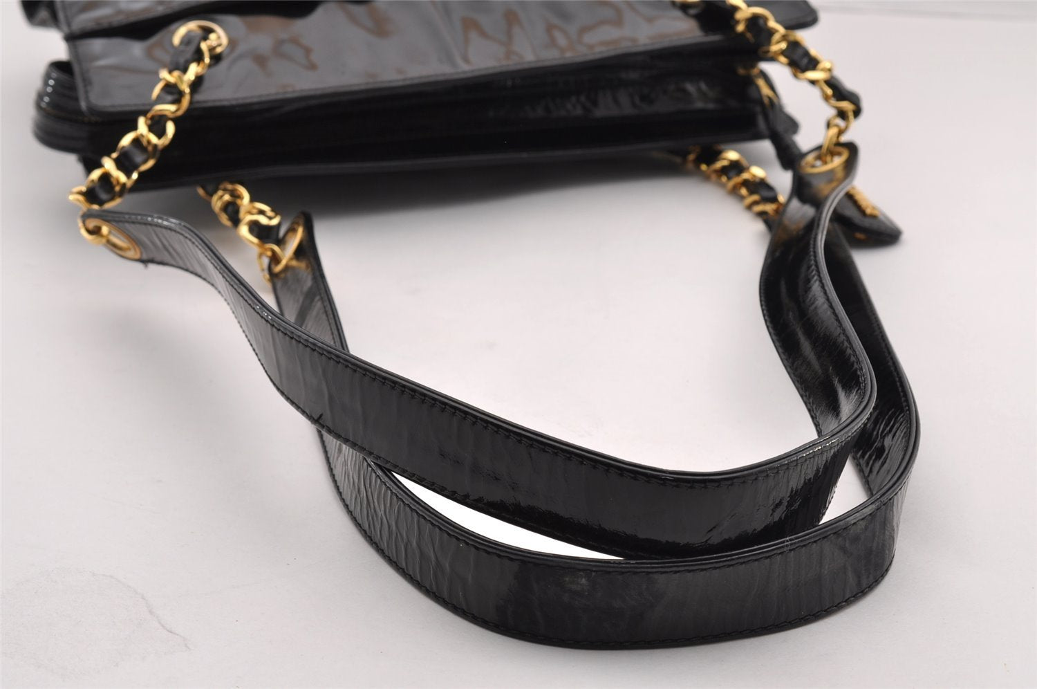 Authentic CHANEL Vintage Enamel CC Logo Chain Shoulder Tote Bag Black 3380I
