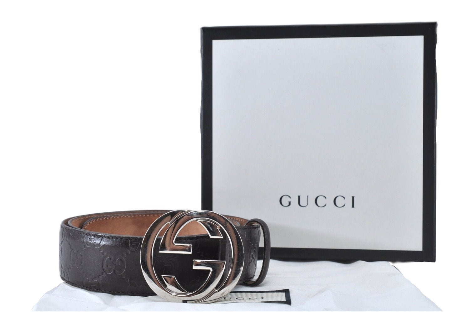 Auth GUCCI Guccissima Interlocking Belt GG Leather 37.4