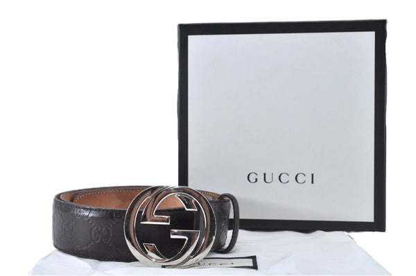 Auth GUCCI Guccissima Interlocking Belt GG Leather 37.4" 411924 Brown Box 3385F