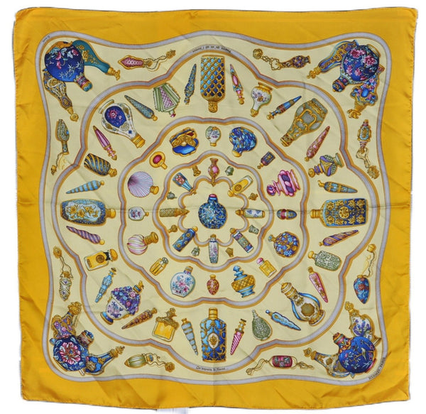 Authentic HERMES Carre 90 Scarf "Qu' importe le flacon..." Silk Yellow 3387F