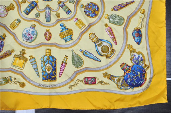 Authentic HERMES Carre 90 Scarf "Qu' importe le flacon..." Silk Yellow 3387F