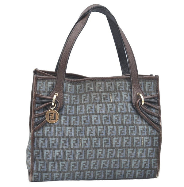 Authentic FENDI Zucchino Tote Hand Bag Purse Canvas Leather Blue 3397H