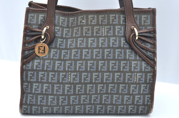 Authentic FENDI Zucchino Tote Hand Bag Purse Canvas Leather Blue 3397H