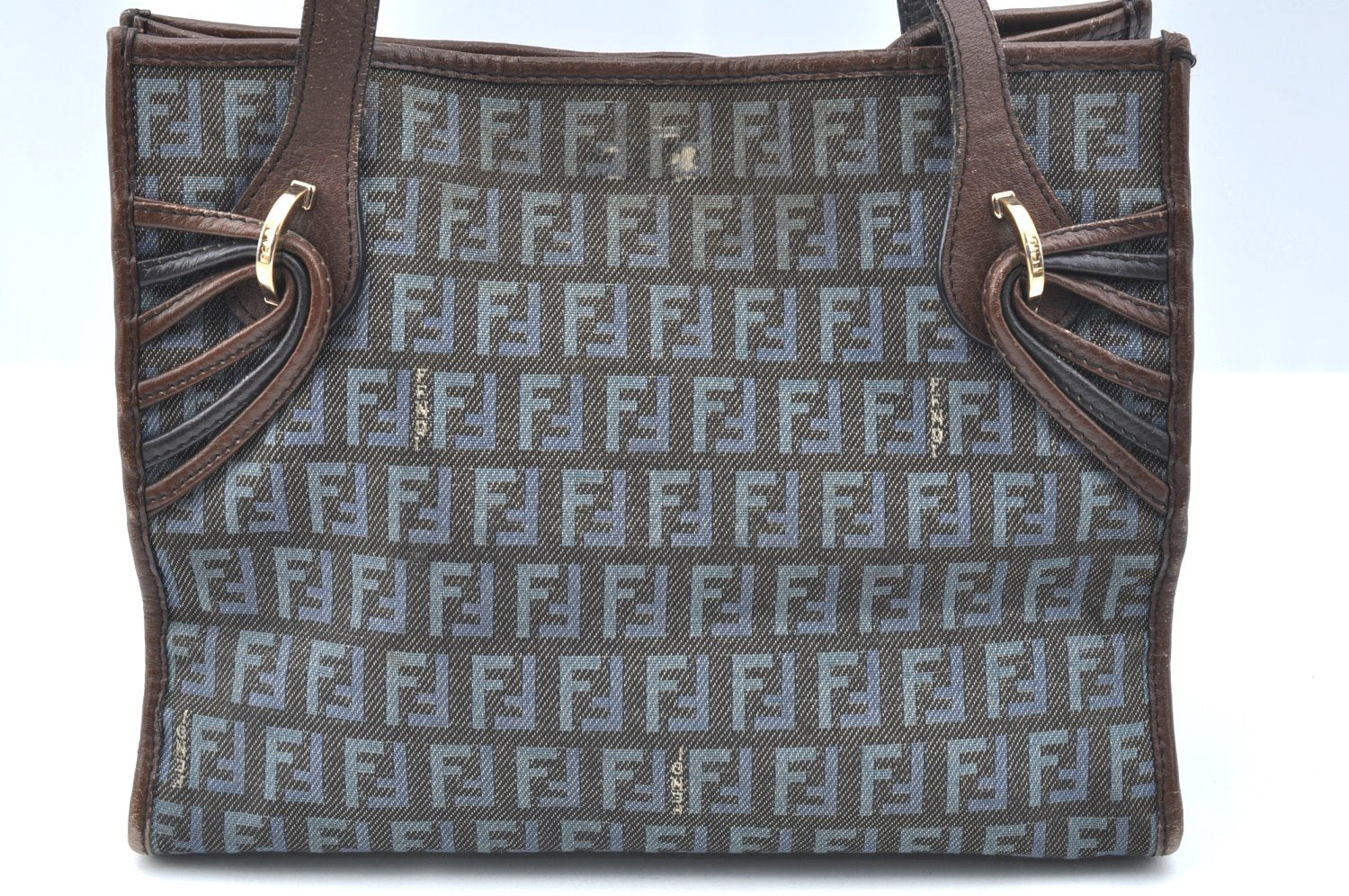 Authentic FENDI Zucchino Tote Hand Bag Purse Canvas Leather Blue 3397H
