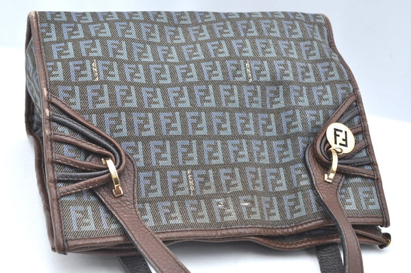 Authentic FENDI Zucchino Tote Hand Bag Purse Canvas Leather Blue 3397H