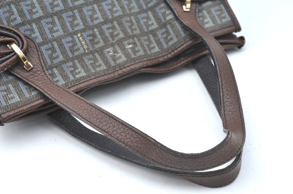 Authentic FENDI Zucchino Tote Hand Bag Purse Canvas Leather Blue 3397H