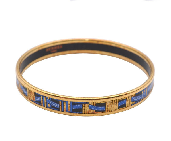 Authentic HERMES Email PM Bangle Ribbon Motif Gold Black Blue 3447B