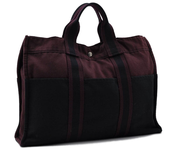 Authentic HERMES Fourre Tout MM Hand Tote Bag Canvas Bordeaux Black 3457C