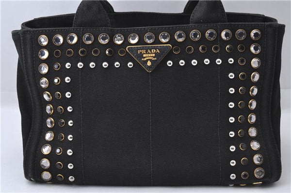 Authentic PRADA Bijou Canapa Canvas Leather Hand Tote Bag Black 3483D