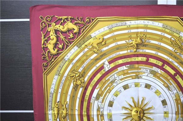 Authentic HERMES Carre 90 Scarf "DIES ET HORE" Silk Bordeaux Red 3488D