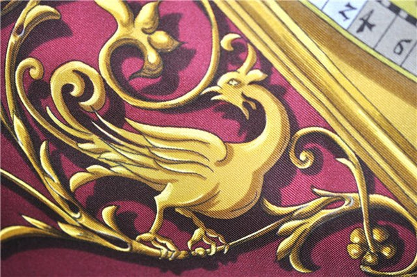 Authentic HERMES Carre 90 Scarf "DIES ET HORE" Silk Bordeaux Red 3488D