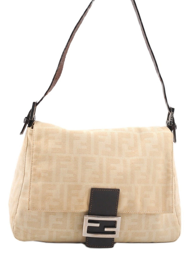 Authentic FENDI Zucca Mamma Baguette Shoulder Bag Canvas Leather Beige 3502F