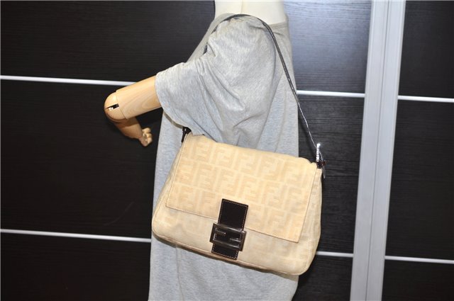 Authentic FENDI Zucca Mamma Baguette Shoulder Bag Canvas Leather Beige 3502F