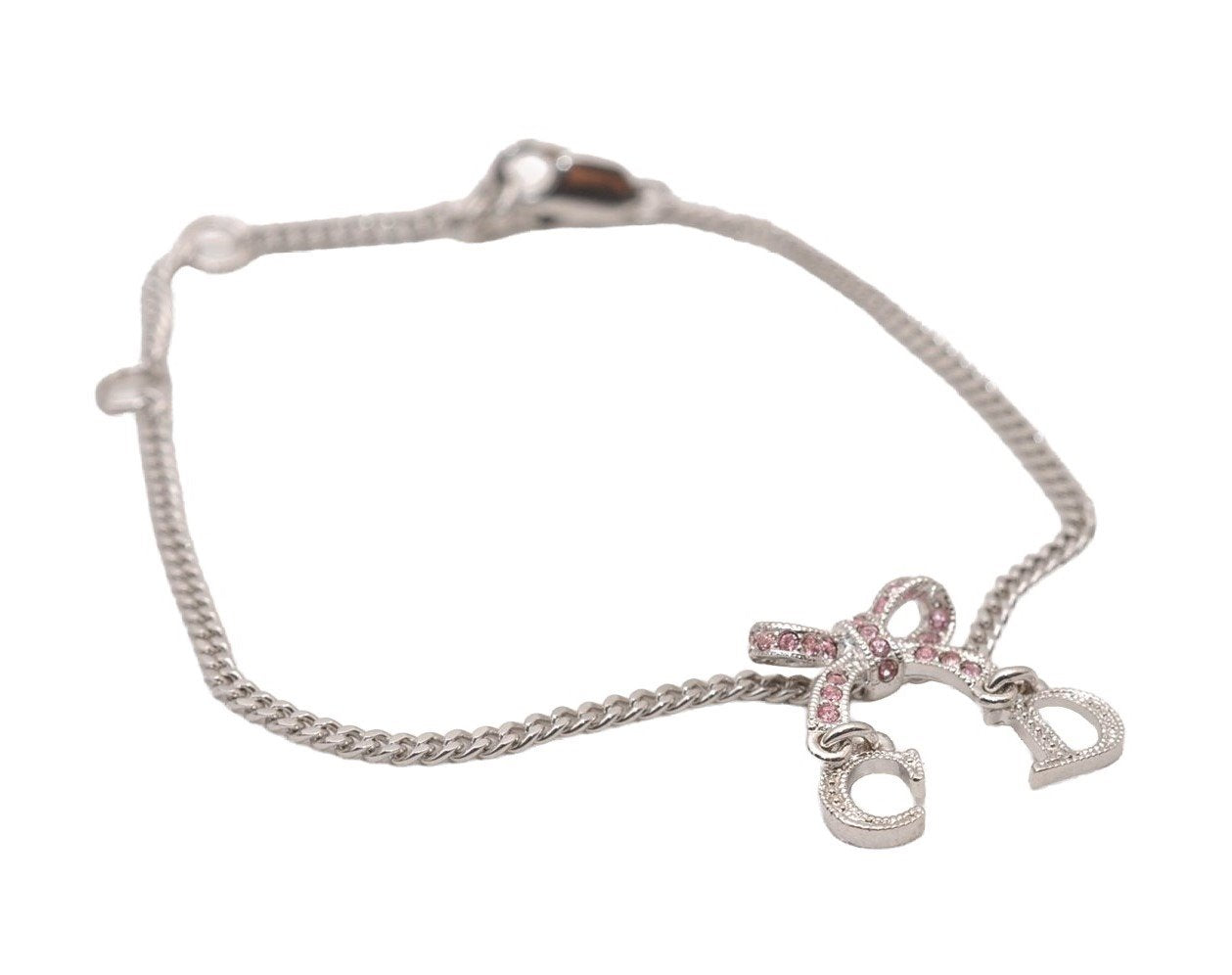 Authentic Christian Dior Rhinestone Chain Bracelet Silver Pink CD 3503I