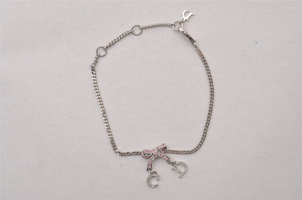 Authentic Christian Dior Rhinestone Chain Bracelet Silver Pink CD 3503I