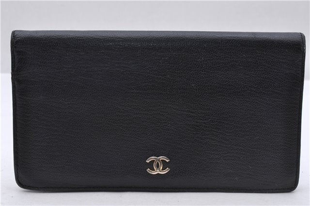 Authentic CHANEL Calf Skin CoCo Mark Bifold Long Wallet Purse Black 3504D