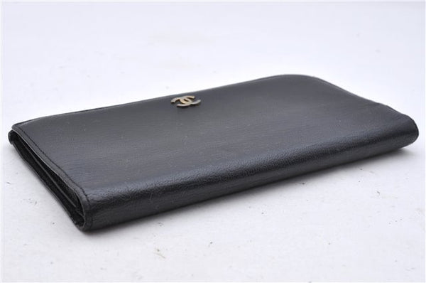 Authentic CHANEL Calf Skin CoCo Mark Bifold Long Wallet Purse Black 3504D