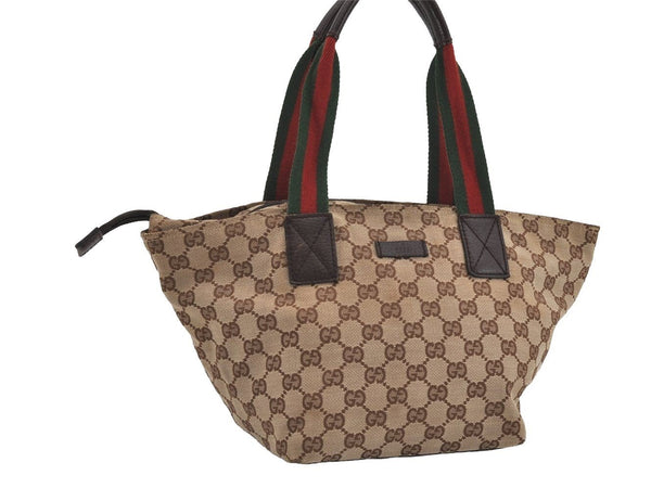 Authentic GUCCI Web Sherry Line Tote Bag GG Canvas Leather 131228 Brown 3521I