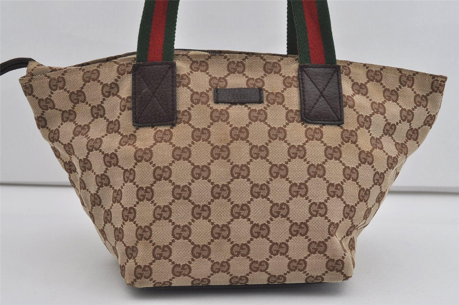 Authentic GUCCI Web Sherry Line Tote Bag GG Canvas Leather 131228 Brown 3521I