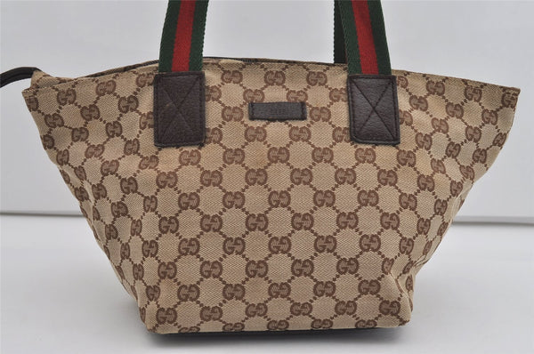 Authentic GUCCI Web Sherry Line Tote Bag GG Canvas Leather 131228 Brown 3521I