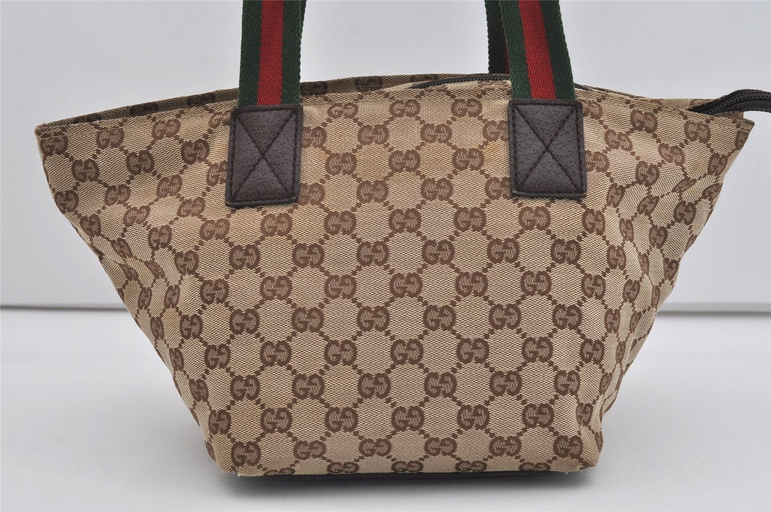 Authentic GUCCI Web Sherry Line Tote Bag GG Canvas Leather 131228 Brown 3521I
